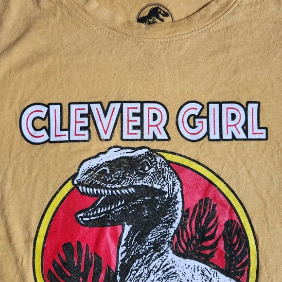 Jurassic World yellow red multi color Clever Girl raptor t shirt sz XS - Picture 7 of 12